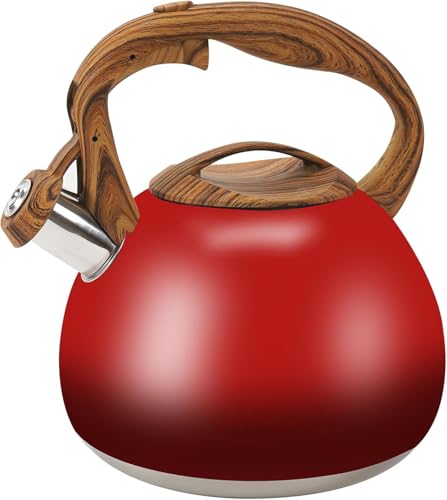 Foedo Festive Red Stovetop Whistling Tea Kettle 3.2 Quart - Stainless Steel with Wood Grain Handle, Loud Christmas Whistle for Boiling Water, Holiday Cocoa & Milk, Easy-Pour Spout Classic Design - Image 1