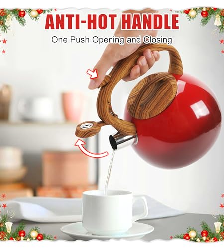 Foedo Festive Red Stovetop Whistling Tea Kettle 3.2 Quart - Stainless Steel with Wood Grain Handle, Loud Christmas Whistle for Boiling Water, Holiday Cocoa & Milk, Easy-Pour Spout Classic Design - Image 5