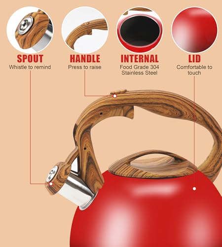 Foedo Festive Red Stovetop Whistling Tea Kettle 3.2 Quart - Stainless Steel with Wood Grain Handle, Loud Christmas Whistle for Boiling Water, Holiday Cocoa & Milk, Easy-Pour Spout Classic Design - Image 2