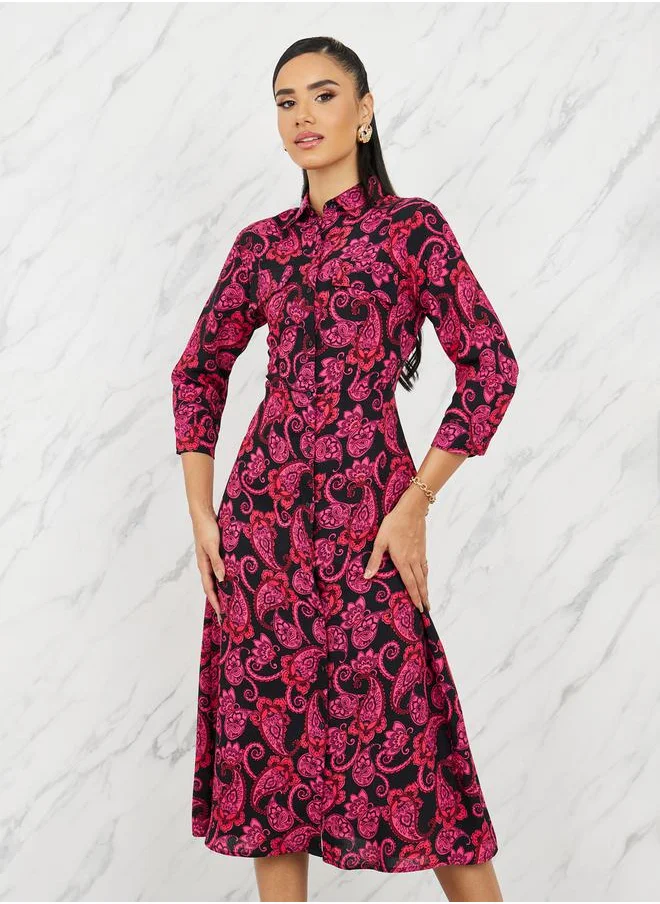 Styli Paisley Print Shirt Midi Dress