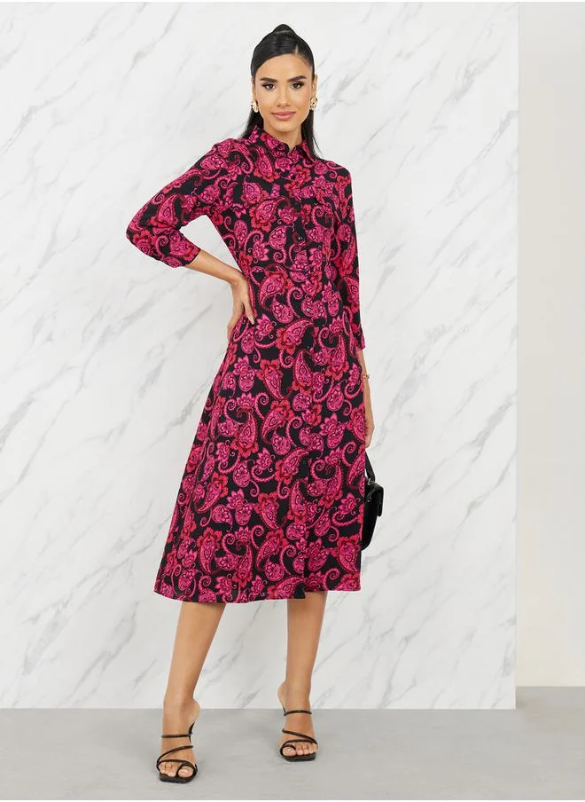 Styli Paisley Print Shirt Midi Dress