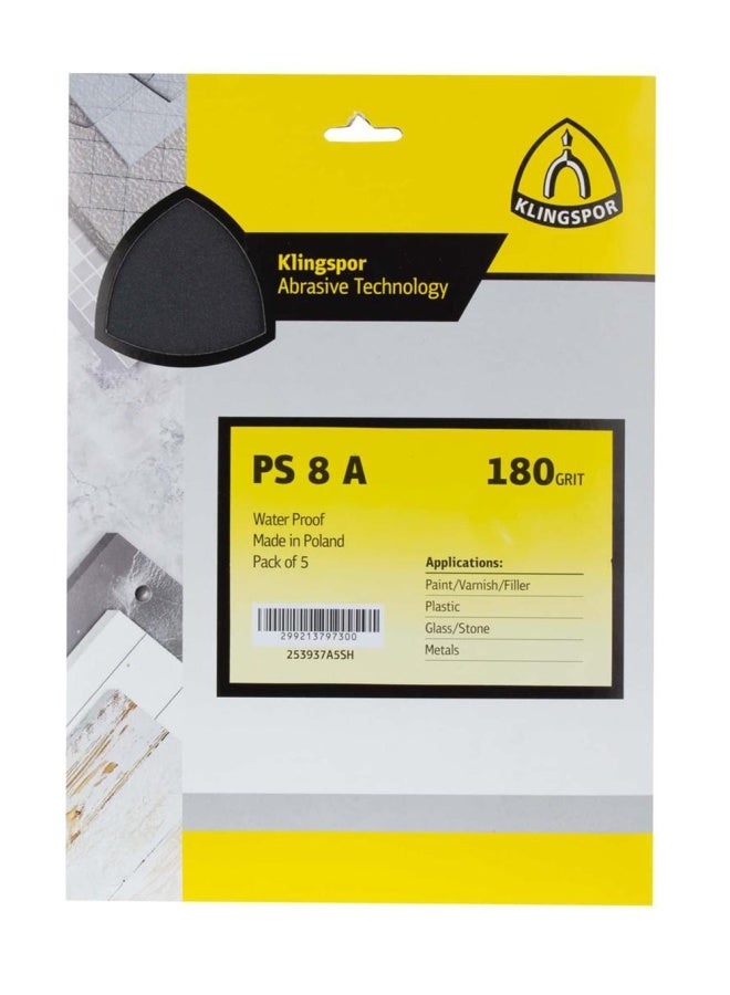 Pack Of 5 Klingspor Waterproof Sandpaper Sheet 180 Grit