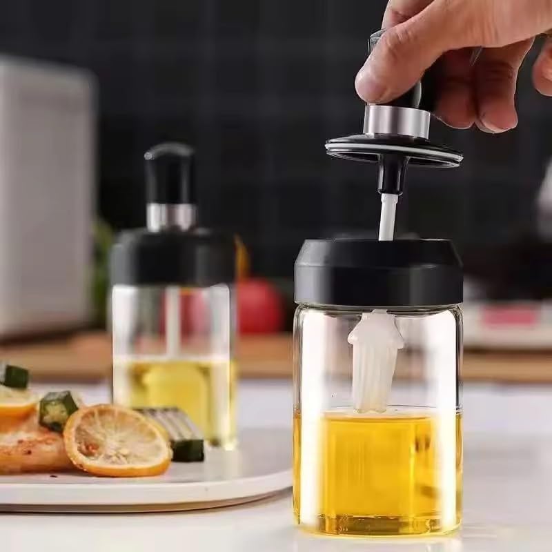 KIRMIT Oil Dispenser Bottle with Silicone Brush 250ML – Leakproof Transparent Jar for Cooking, Baking, BBQ | Versatile Oil Container with Brush for Oil (Black) - Image 1