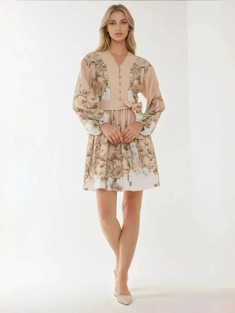 HICCUP Printed V-Neck Mini Dress with Belt