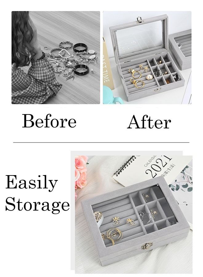 Ant Velvet Jewelry Display Stand Storage Box with Mirror, Clear Lid Jewelry Ring Holder Box for Women & Girls, Leather Jewellery Display Holder for Ring Necklace Earring Bracelets （Grey）  - Image 4