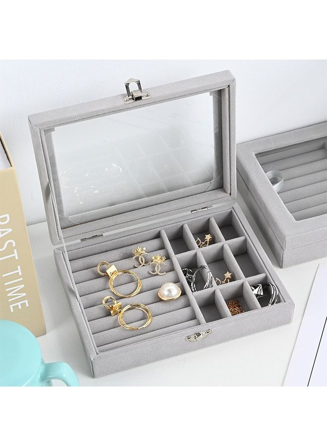 Ant Velvet Jewelry Display Stand Storage Box with Mirror, Clear Lid Jewelry Ring Holder Box for Women & Girls, Leather Jewellery Display Holder for Ring Necklace Earring Bracelets （Grey）  - Image 3