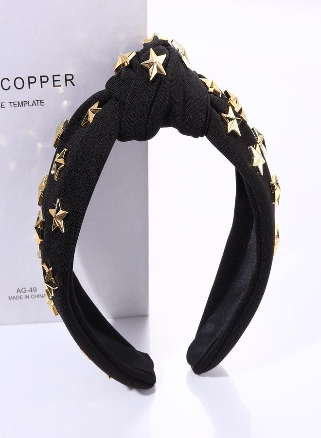 ARATLENCH Star Knotted Headband Gold Stars Studded Wide Top Knot Headband Christmas New Year Holiday Hairband Headpiece Fashion Black Spring Summer Head Band Hair Accessories - Image 4