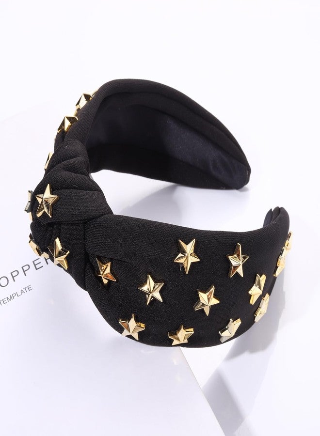 ARATLENCH Star Knotted Headband Gold Stars Studded Wide Top Knot Headband Christmas New Year Holiday Hairband Headpiece Fashion Black Spring Summer Head Band Hair Accessories - Image 3