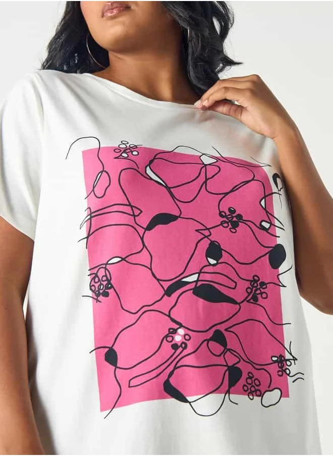 Ulla Popken Plus Size Ulla Popken Graphic Print Crew Neck T-shirt with Short Sleeves