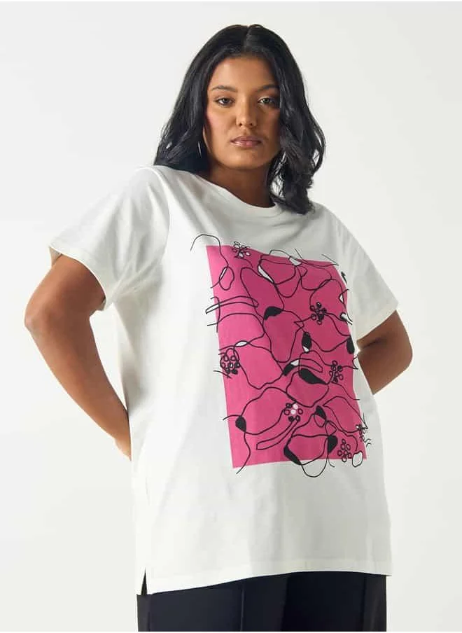 Ulla Popken Plus Size Ulla Popken Graphic Print Crew Neck T-shirt with Short Sleeves