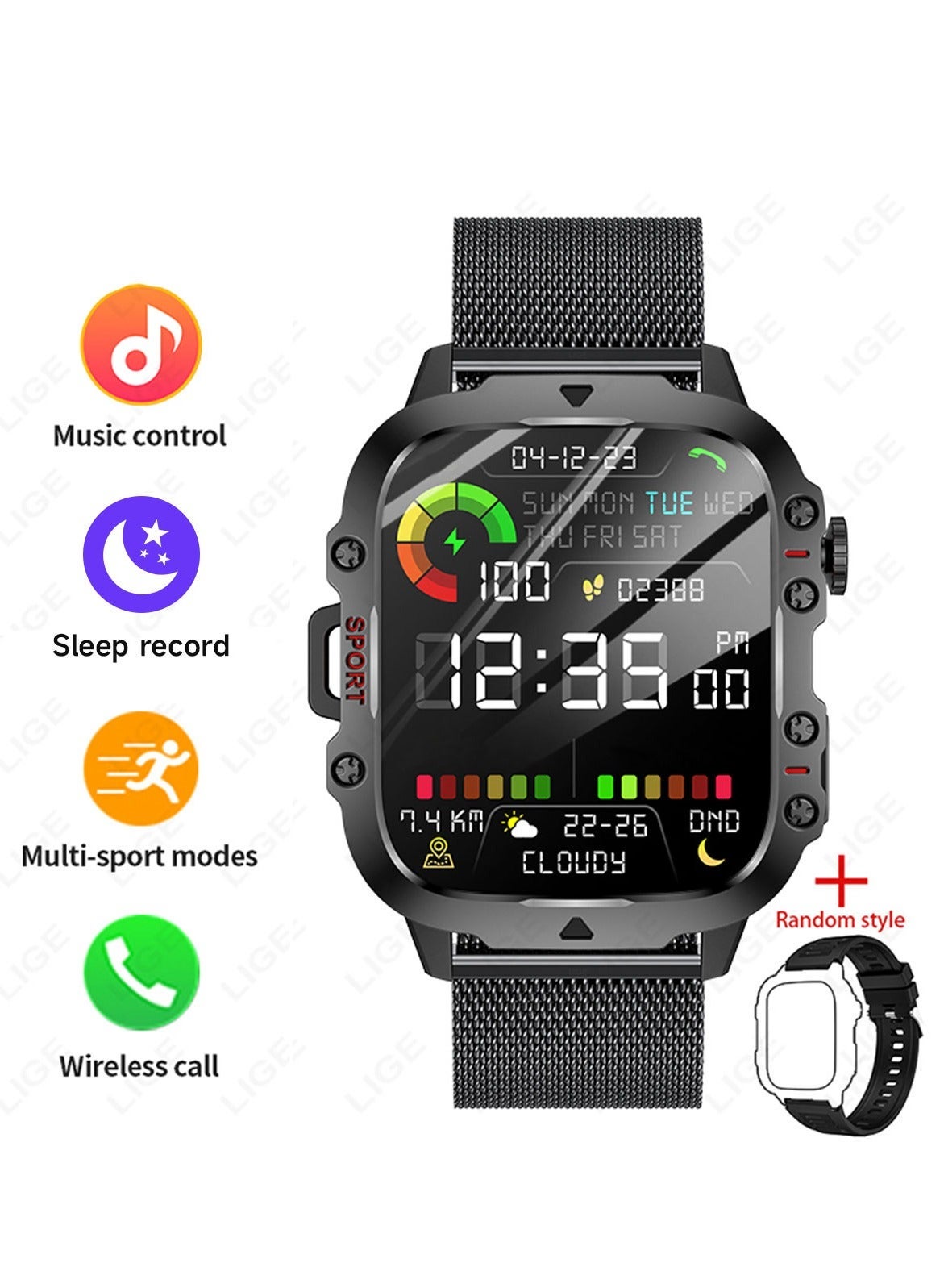 LIGE 1.96 HD Screen 420 mAh Sports Smart Watch Men Waterproof Bluetooth Calling Health Monitoring 100+ Sports Mode Men Smart Watches Black