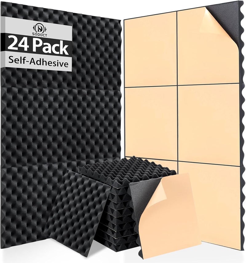 SD SODOCT 24 Pack Self-Adhesive 12" X 12" X 1.2" Egg Crate Soundproof Wall Panels for Studio, Room Acoustic Treatment Foam, Sound Absorbing Foam Black - Image 1