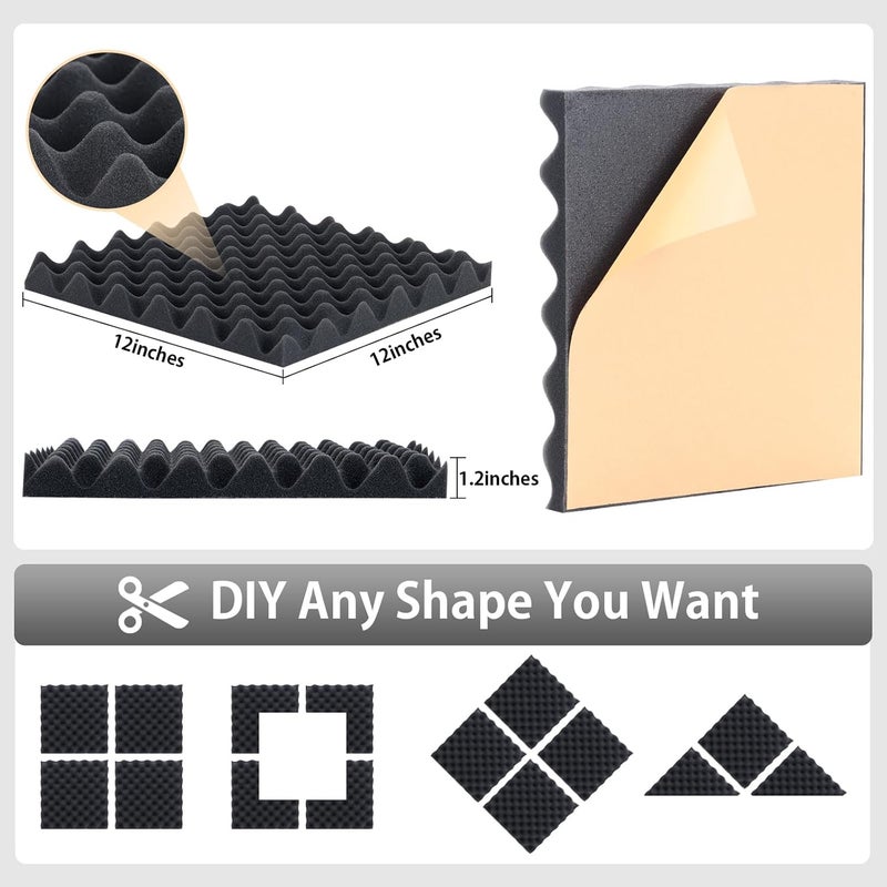 SD SODOCT 24 Pack Self-Adhesive 12" X 12" X 1.2" Egg Crate Soundproof Wall Panels for Studio, Room Acoustic Treatment Foam, Sound Absorbing Foam Black - Image 3