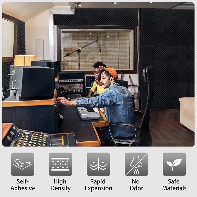 SD SODOCT 24 Pack Self-Adhesive 12" X 12" X 1.2" Egg Crate Soundproof Wall Panels for Studio, Room Acoustic Treatment Foam, Sound Absorbing Foam Black - Image 2