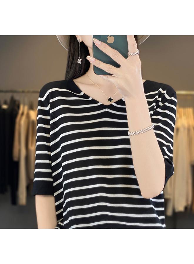 Breathable Sweat Absorbing Binghemp Summer New Women's V-neck Striped Short T-shirt Knitted All-match Short-sleeve Top