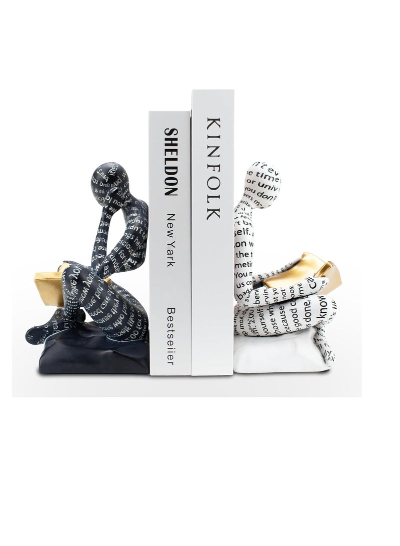 Y&D Heavy Duty Book Ends for Shelves, Thinker Decorative Bookends for Heavy Books, Unique Book Stoppers to Hold Book, Bookshelf Accessories, Modern Home Office Decor Aesthetic Black & White - Image 3