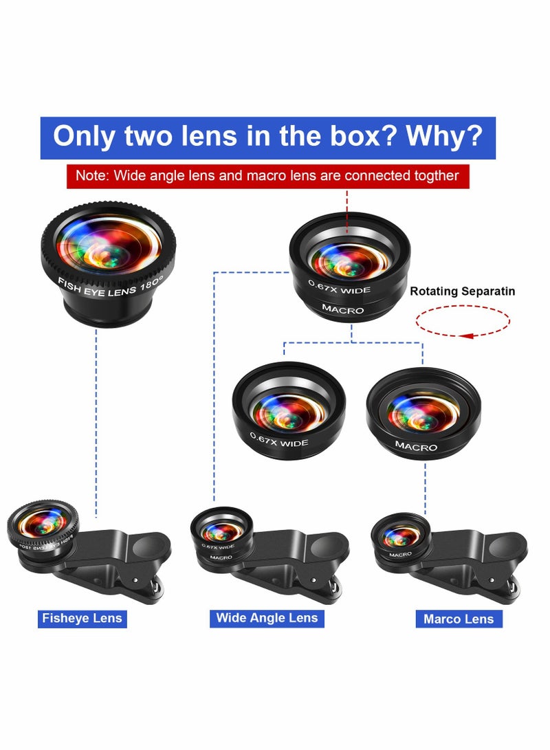 مجموعة عدسات كاميرا الهاتف 3 في 1 العالمية، تشمل عدسات كاميرا 2 قطعة، عدسة عين السمكة، عدسة ماكرو، عدسة زاوية واسعة، ملحقات عدسات هواتف محمولة، متوافقة مع معظم الهواتف الذكية لتصوير الفيديو، العروض المباشرة، والفلوغ. - Image 5