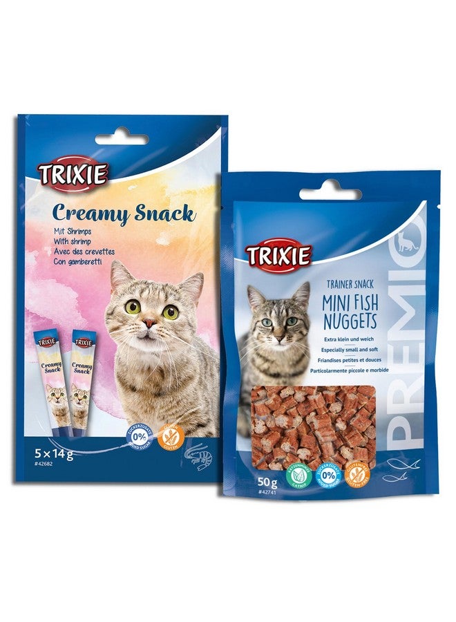تريكسي مجموعة مكافآت القطط من وجبة خفيفة من التونة والروبيان الكريمية ووجبة خفيفة من قطع السمك الصغيرة من بريميو ترينر، مكافآت غنية بالعناصر الغذائية للقطط، مناسبة لجميع السلالات - (عبوة من قطعتين) - Image 1