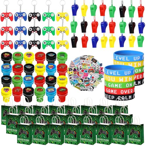 Aoriher 154 Pcs Video Game Party Favors Gift Set for Kids, Gaming Party Favors 20 Set of Keychain Bracelet Wristband Treat Bags Sticker Whistle, Game on Themed Gamer Boys Birthday Goodie Bag Fillers - Image 1