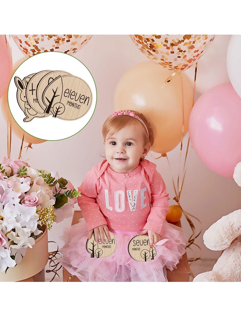 Generic Baby Monthly Milestone 12 Pcs Wooden Baby Milestone Cards with Linen Bag Wooden Newborn Welcome Discs Sign Round New Baby Sign Sided Cute Animal Printed Baby Announcement Cards for Boys Girls  - Image 3