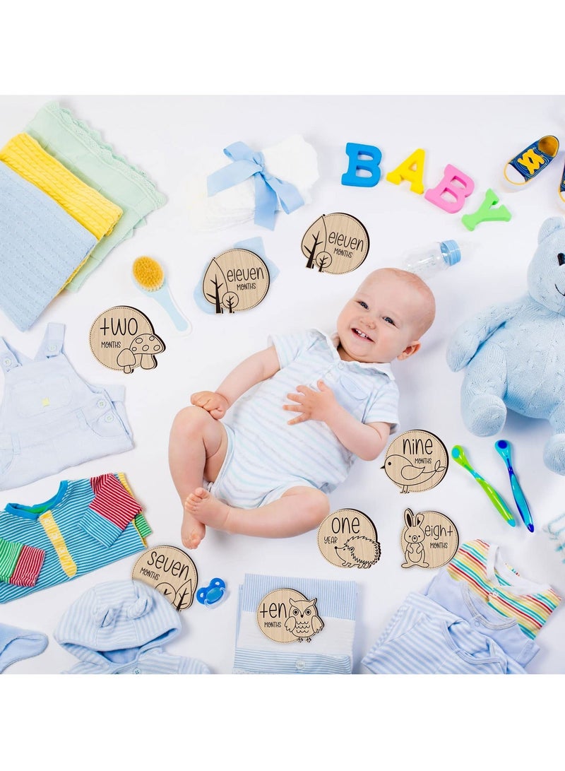 Generic Baby Monthly Milestone 12 Pcs Wooden Baby Milestone Cards with Linen Bag Wooden Newborn Welcome Discs Sign Round New Baby Sign Sided Cute Animal Printed Baby Announcement Cards for Boys Girls  - Image 4