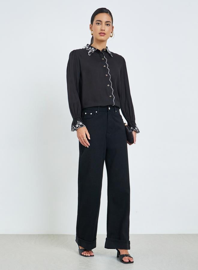 Styli Black Embroidered Trim Spread Collar Shirt - Image 2