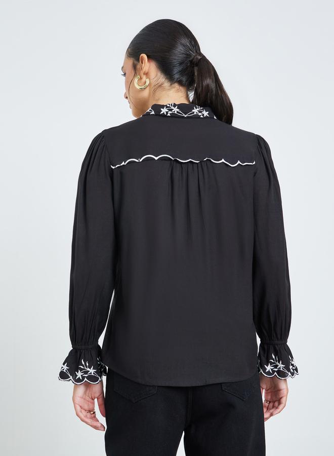 Styli Black Embroidered Trim Spread Collar Shirt - Image 5