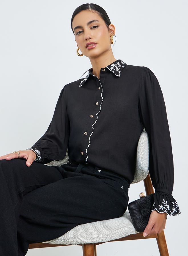 Styli Black Embroidered Trim Spread Collar Shirt - Image 3