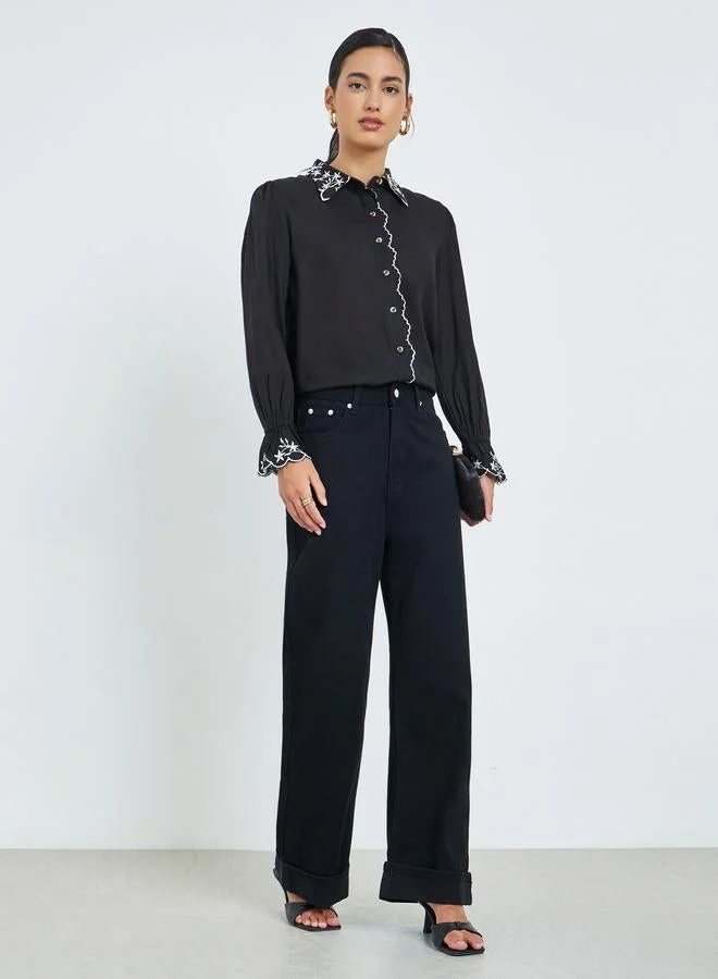Styli Black Embroidered Trim Spread Collar Shirt