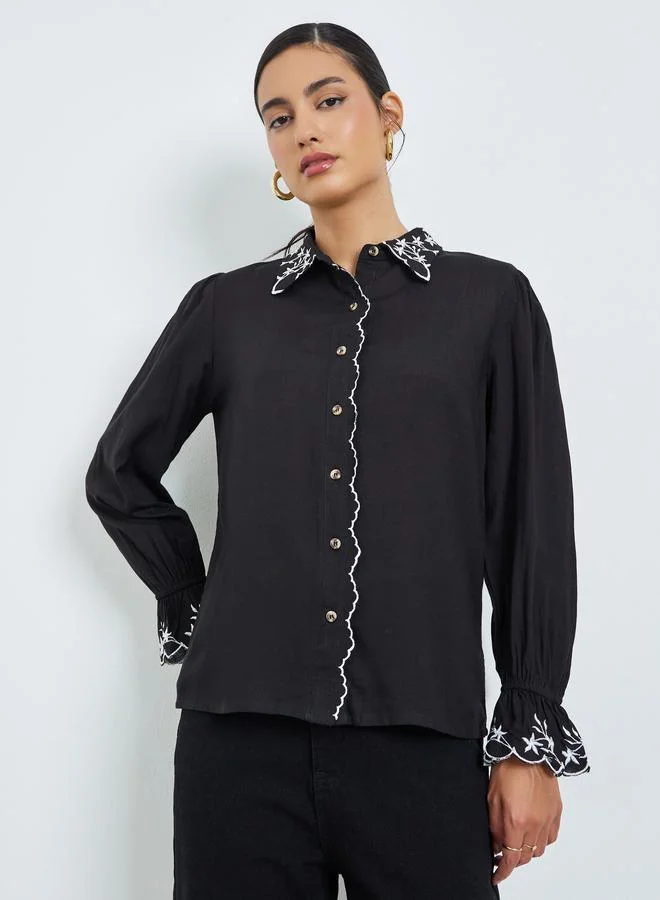 Styli Black Embroidered Trim Spread Collar Shirt