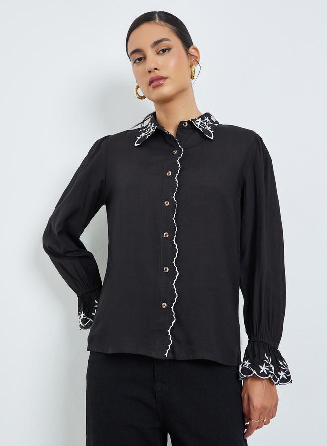 Styli Black Embroidered Trim Spread Collar Shirt - Image 1