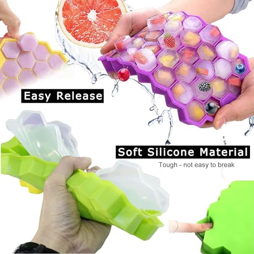 Nirency Ice Tray for Freezer, Silicon ice Cube Tray, Fridge Ice Tray with Lid, Flexible Silicon Ice Tray, Honeycomb Shape, 37 Cavities Ice Tray (Multicolor) | Pack of (2) - Image 2
