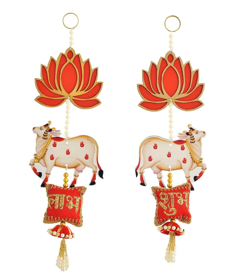 Sanvatsar Sanvatsar Decorative Wall Hanging Cow Design with Lotus Motif 14 cm Set of 2 - Image 1