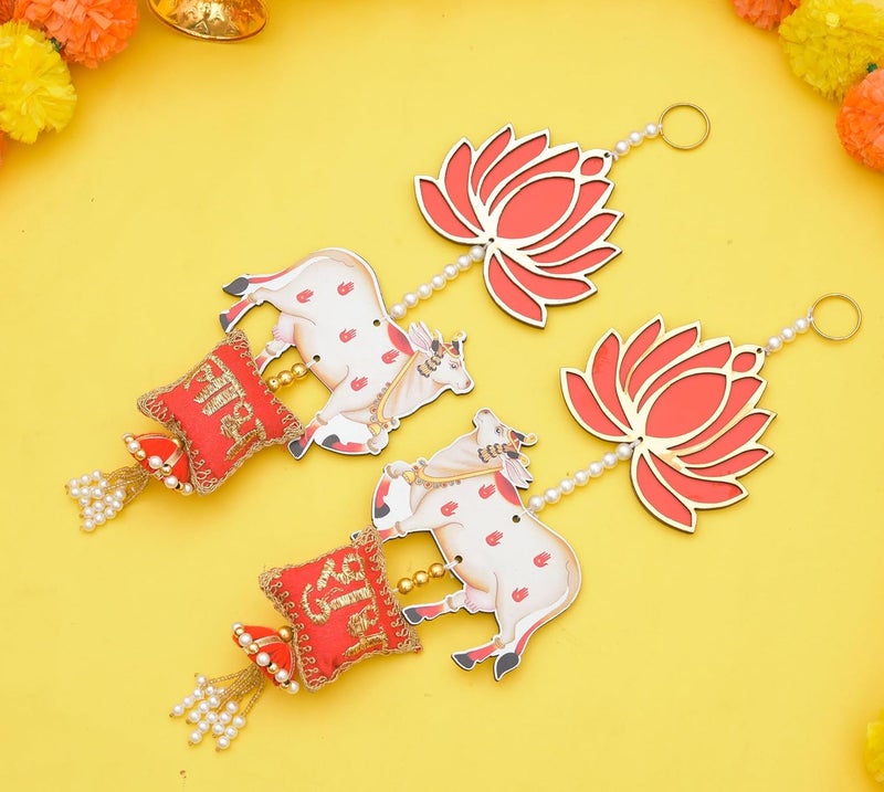 Sanvatsar Sanvatsar Decorative Wall Hanging Cow Design with Lotus Motif 14 cm Set of 2 - Image 3