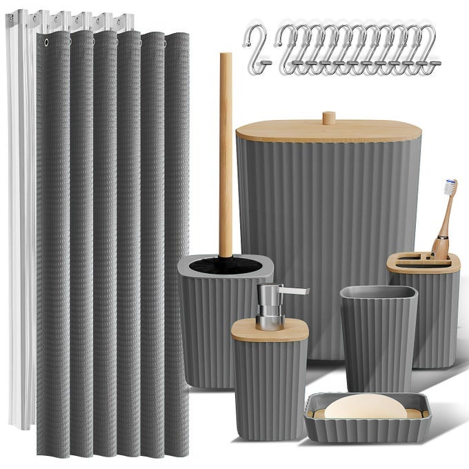 BATHROOM ACCESSORIES SET BATHROOM SET BATHROOM ACCESSORY SET SHOWER CURTAIN SET TOILET BRUSH TRASH CAN SOAP DISPENSER GREY 20PC