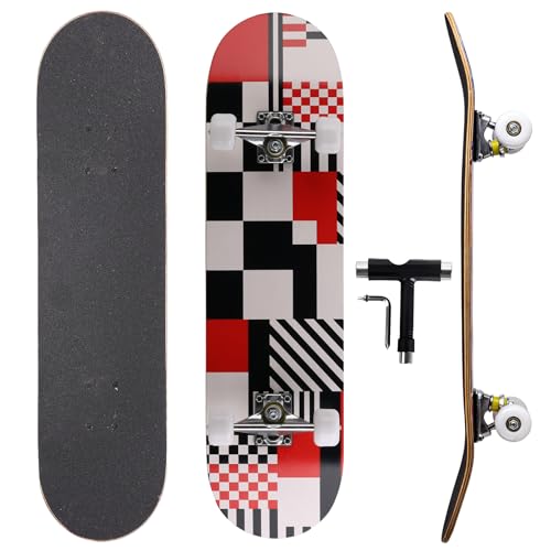 vigvitspo Professional Double Kick Skateboard 31 inch Maple Deck ABEC9 Bearings 95A PU Wheels Custom Graphic Design Whitered Grid 31in - Image 1