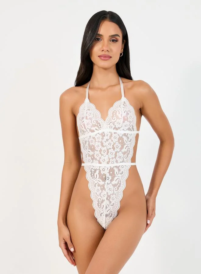 Styli Scalloped Edge Lace High Cut Bodysuit and Eyelash Lace Robe Set