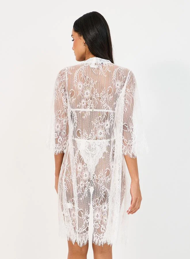 Styli Scalloped Edge Lace High Cut Bodysuit and Eyelash Lace Robe Set