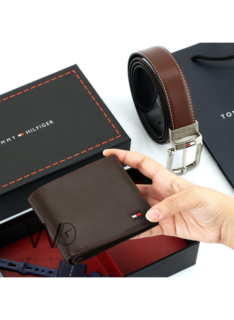 Tommy Icons طقم هدية رجالي تومي هيلفيغر محفظة جلدية وحزام بني - بني - Image 2