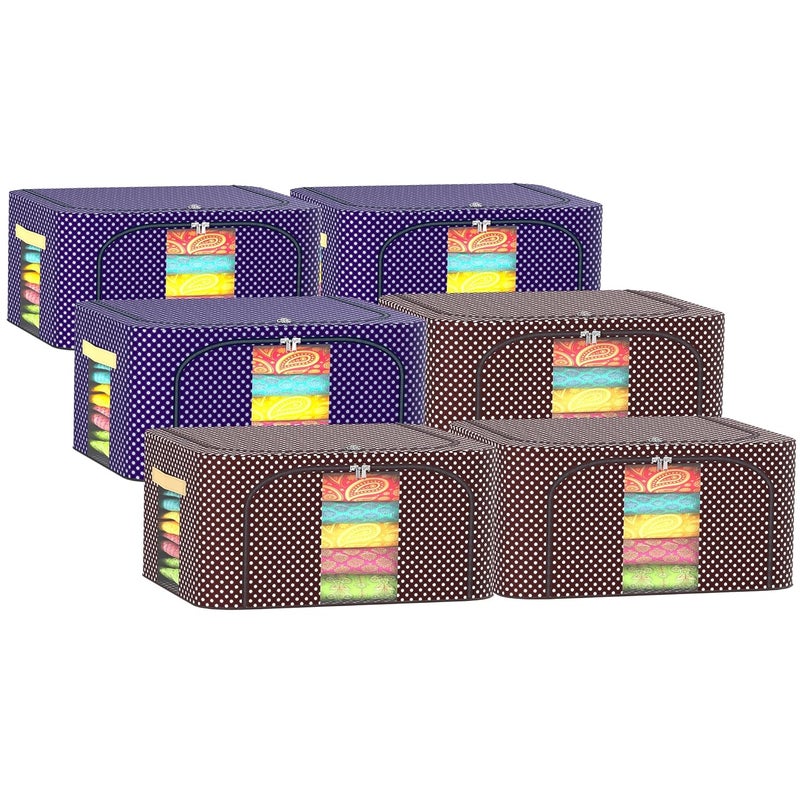 Urbane Home Urbane Home Pack of 6 Clothes Storage Box 24 Liter Wardrobe Organizer Parachute Steel Frame Drawer Organizer Waterproof Underbed Storage Box for Blankets Dot Print Blue Brown  - Image 1