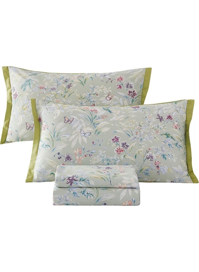 ABREEZE Butterflies Butterfly Floral Flowers Green Purple Bedding Set 4 Pieces Sheet Set with Pillowcase Egyptian Cotton Sheets Flat and Fitted Sheets Set - Image 1