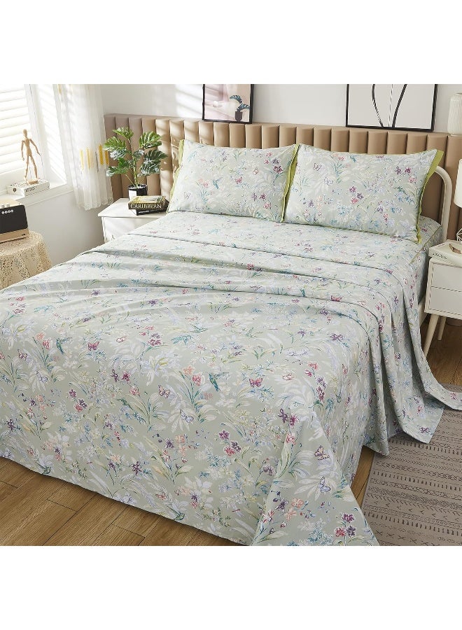 ABREEZE Butterflies Butterfly Floral Flowers Green Purple Bedding Set 4 Pieces Sheet Set with Pillowcase Egyptian Cotton Sheets Flat and Fitted Sheets Set - Image 2
