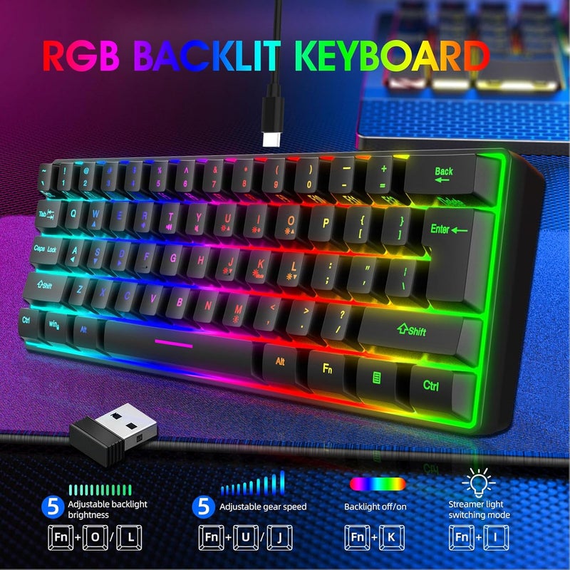 Depisuta لوحة مفاتيح ألعاب RGB، لوحة مفاتيح USB بـ 61 مفتاحًا مع 8 ألوان إضاءة خلفية، أغطية مفاتيح منحنية، تصميم مريح، لاسلكي 2.4 جيجاهرتز، نطاق 10 أمتار، لأنظمة W7، 8، 10، 11، أندرويد - Image 5