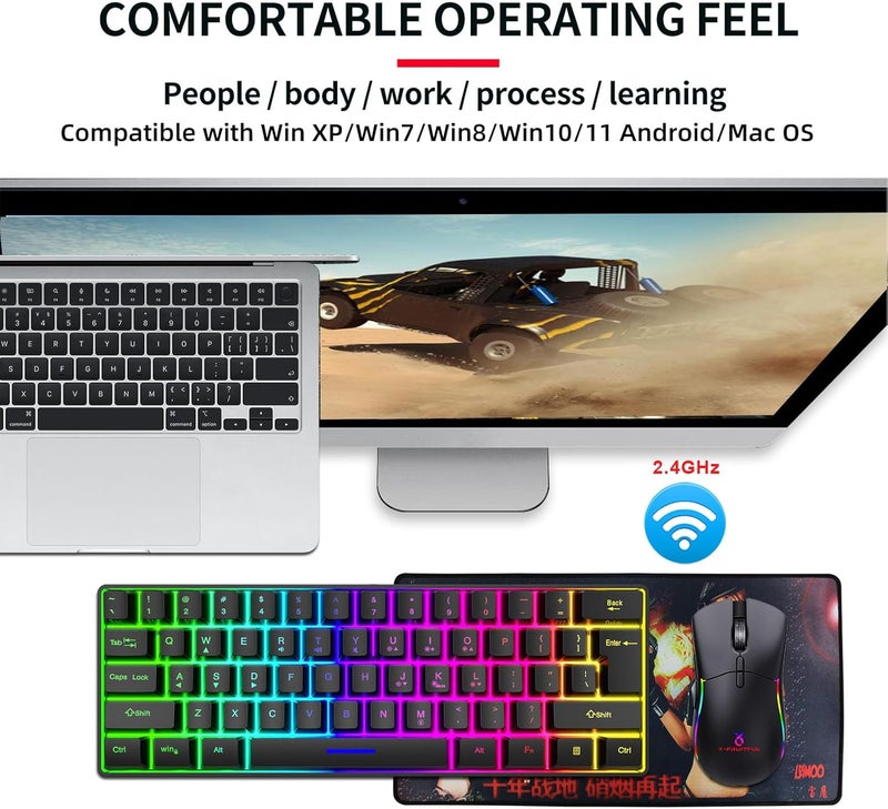 Depisuta لوحة مفاتيح ألعاب RGB، لوحة مفاتيح USB بـ 61 مفتاحًا مع 8 ألوان إضاءة خلفية، أغطية مفاتيح منحنية، تصميم مريح، لاسلكي 2.4 جيجاهرتز، نطاق 10 أمتار، لأنظمة W7، 8، 10، 11، أندرويد - Image 4