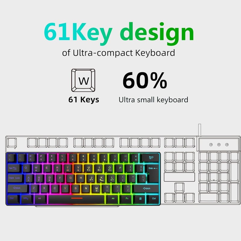 Depisuta لوحة مفاتيح ألعاب RGB، لوحة مفاتيح USB بـ 61 مفتاحًا مع 8 ألوان إضاءة خلفية، أغطية مفاتيح منحنية، تصميم مريح، لاسلكي 2.4 جيجاهرتز، نطاق 10 أمتار، لأنظمة W7، 8، 10، 11، أندرويد - Image 2