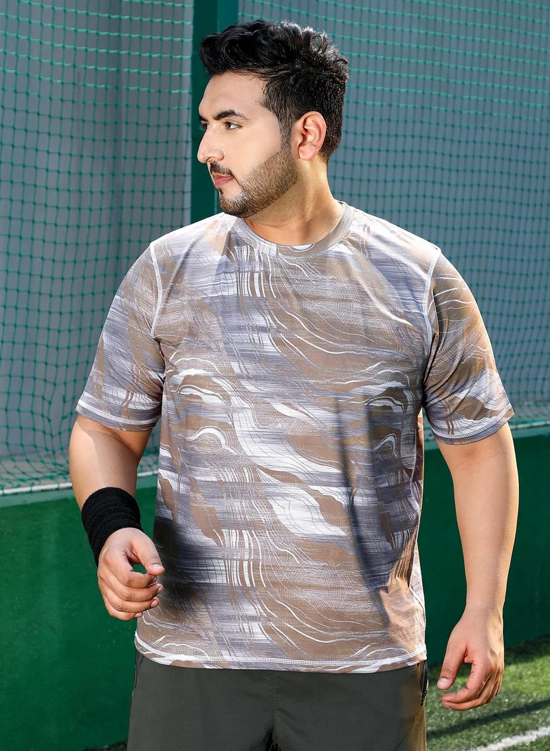 انستافاب بلس تيشيرت رجالي Instafab Plus بلون بني فاتح ورمادي مع بطانة مصبوغة للملابس الكاجوال | مقاس كبير | ياقة دائرية وأكمام قصيرة