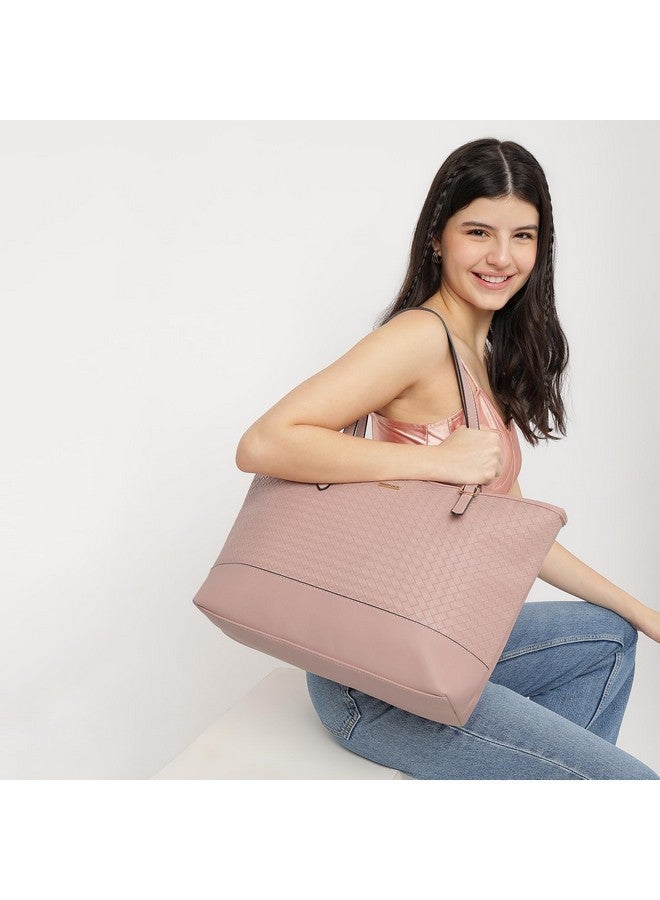 Fastrack Weaving Pattern Tote Bag | Faux Leather Tote With Zip Closure and Comfy Shoulder Straps | Spacious Handbag With Inner Pockets | Trendy Women's Handbags, Mauve - Image 2