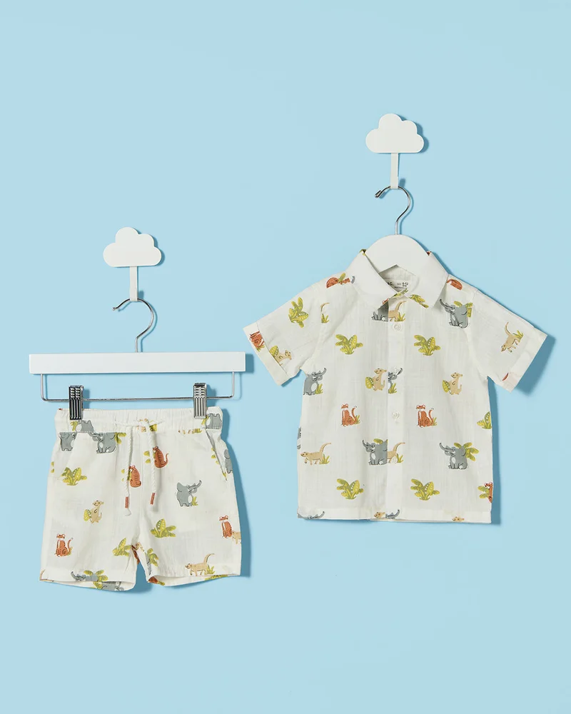 REDTAG Infant Boys White Animal Print Shirt & Shorts Set
