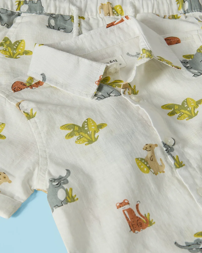 REDTAG Infant Boys White Animal Print Shirt & Shorts Set