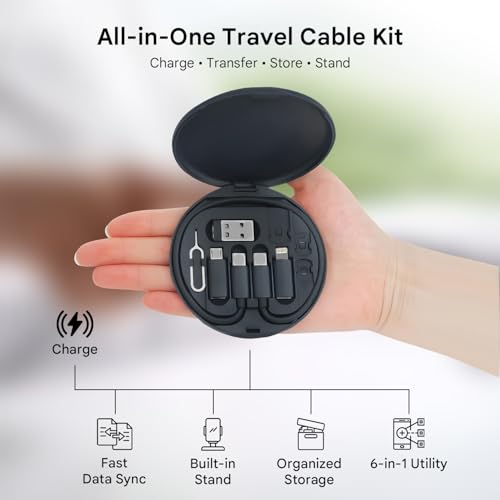 HUMBLE Mini Multi-Functional Fast Charging Data Cable Set for Apple, Android, Type C Charging with Retrieve Card Pin,Round Storage Box,Compact and Portable USB Data Cable Storage Box-Black - Image 2